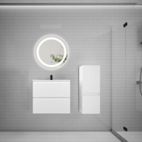 Ensemble meuble vasque L.60cm 2 tiroirs + lavabo + LED miroir rond 60cm + colonne,blanc meuble