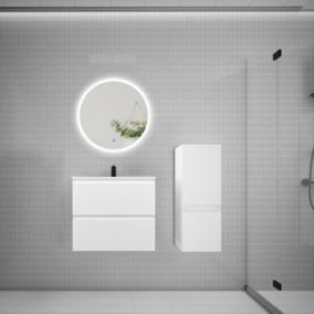 Ensemble meuble vasque L.60cm 2 tiroirs + lavabo + LED miroir rond 60cm + colonne,blanc