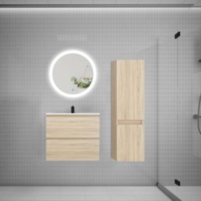 Ensemble meuble vasque L.60cm 2 tiroirs + lavabo + LED miroir rond 60cm + colonne C,chêne.easy