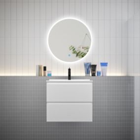 Ensemble meuble vasque L.60cm 2 tiroirs + lavabo + LED miroir rond 70cm,blanc