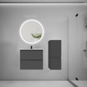 Ensemble meuble vasque L.60cm 2 tiroirs + lavabo + LED miroir rond 70cm + colonne,anthracite