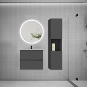 Ensemble meuble vasque L.60cm 2 tiroirs + lavabo + LED miroir rond 70cm + colonne,anthracite