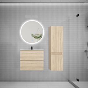 Ensemble meuble vasque L.60cm 2 tiroirs + lavabo + LED miroir rond 70cm + colonne C,chêne