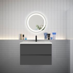 Ensemble meuble vasque L.80cm 2 tiroirs + lavabo + LED miroir rond 60cm,anthracite,design