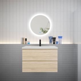 Ensemble meuble vasque L.80cm 2 tiroirs + lavabo + LED miroir rond 60cm,chêne easy