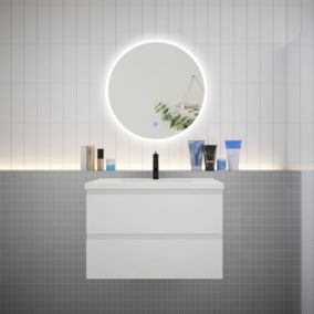 Ensemble meuble vasque L.80cm 2 tiroirs + lavabo + LED miroir rond 70cm,blanc