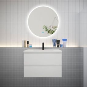 Ensemble meuble vasque L.80cm 2 tiroirs + lavabo + LED miroir rond 80cm,design