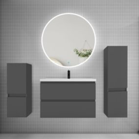 Ensemble meuble vasque L.80cm 2 tiroirs + lavabo + LED miroir rond 90cm + 2 colonne,anthracite