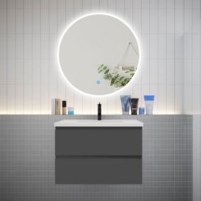 Ensemble meuble vasque L.80cm 2 tiroirs + lavabo + LED miroir rond 90cm,anthracite, easy