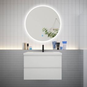 Ensemble meuble vasque L.80cm 2 tiroirs + lavabo + LED miroir rond 90cm,blanc,easy