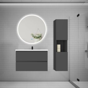 Ensemble meuble vasque L.80cm 2 tiroirs + lavabo + LED miroir rond 90cm + colonne,anthracite