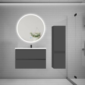 Ensemble meuble vasque L.80cm 2 tiroirs + lavabo + LED miroir rond 90cm + colonne B,anthracite