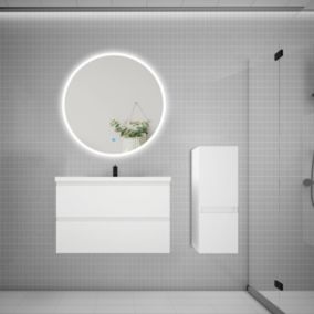 Ensemble meuble vasque L.80cm 2 tiroirs + lavabo + LED miroir rond 90cm + colonne,blanc