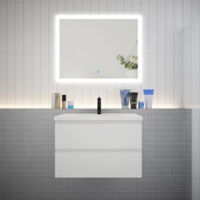 Ensemble meuble vasque L.80cm blanc 2 tiroirs + led miroir + lavabo