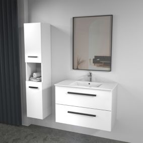 Ensemble meuble vasque suspendu blanc avec mitigeur et miroir, l.80 x H.55 x P.45 cm, 2 tiroirs amortis, Futurbath Pedro