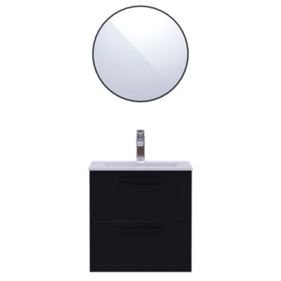 Ensemble meuble vasque suspendu noir mat l.60 cm + plan simple vasque + miroir rond, Noctis