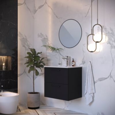 Ensemble meuble vasque suspendu noir mat l.60 cm + plan simple vasque + miroir rond, Noctis