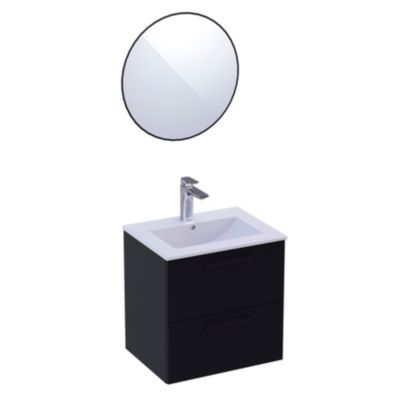 Ensemble meuble vasque suspendu noir mat l.60 cm + plan simple vasque + miroir rond, Noctis