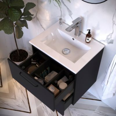 Ensemble meuble vasque suspendu noir mat l.60 cm + plan simple vasque + miroir rond, Noctis