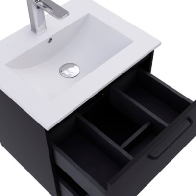 Ensemble meuble vasque suspendu noir mat l.60 cm + plan simple vasque + miroir rond, Noctis