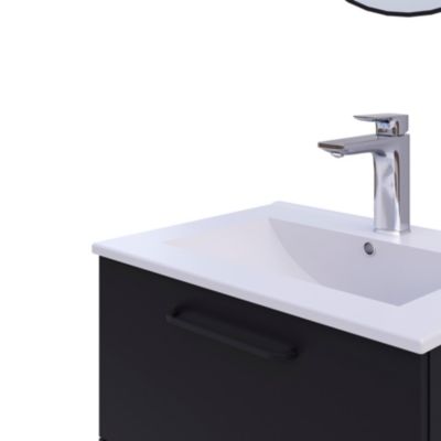 Ensemble meuble vasque suspendu noir mat l.60 cm + plan simple vasque + miroir rond, Noctis