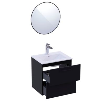 Ensemble meuble vasque suspendu noir mat l.60 cm + plan simple vasque + miroir rond, Noctis