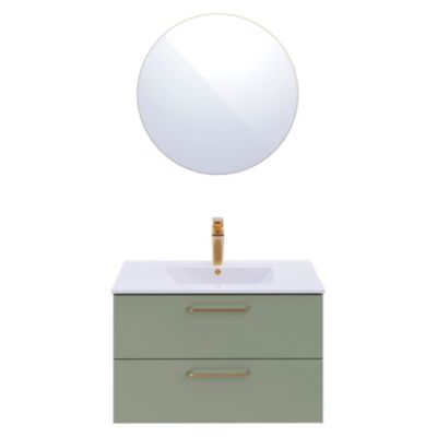 Ensemble meuble vasque suspendu vert mat l.80 cm + plan vasque + miroir Ø70 cm, Olivia
