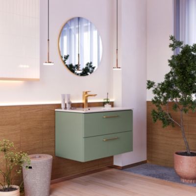 Ensemble meuble vasque suspendu vert mat l.80 cm + plan vasque + miroir Ø70 cm, Olivia