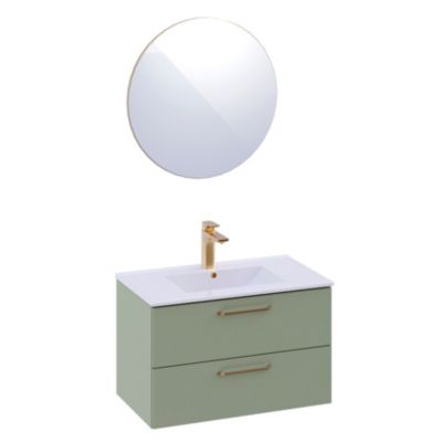 Ensemble meuble vasque suspendu vert mat l.80 cm + plan vasque + miroir Ø70 cm, Olivia