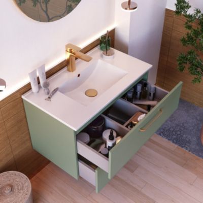 Ensemble meuble vasque suspendu vert mat l.80 cm + plan vasque + miroir Ø70 cm, Olivia