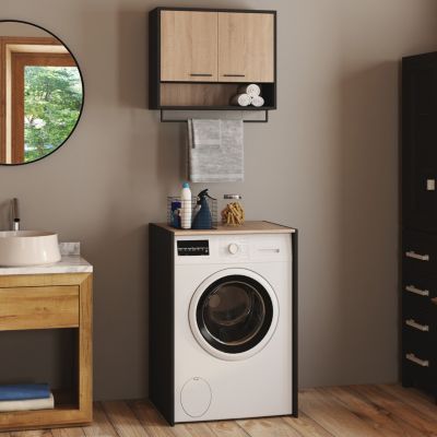 Ensemble meubles de buanderie WALLIS noir et bois façon hêtre pour machine à laver