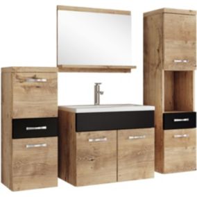 Ensemble Meubles de Salle de Bain Chêne Noir - 4 pièces - Lavabo - Rangements Tiroirs Placards - Miroir