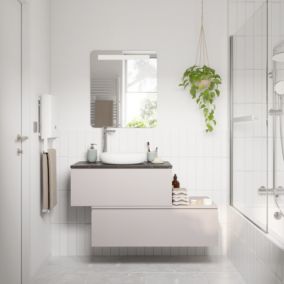 Ensemble meubles de salle de bains Kentia beige cachemire avec plan de toilette Cadélia effet marbre noir