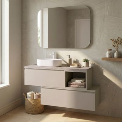 Ensemble meubles de salle de bains Kentia beige cachemire avec plan de toilette Cadélia effet travertin