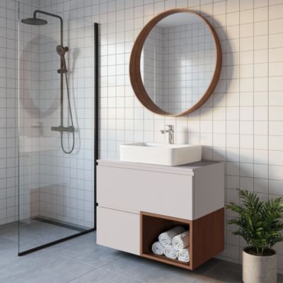 Ensemble meubles de salle de bains Kentia beige cachemire et effet noyer avec plan vasque Kentia