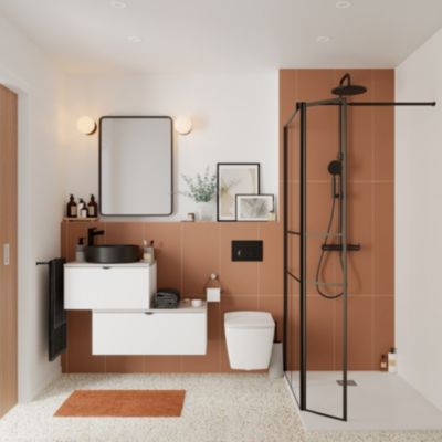 Ensemble meubles de salle de bains Kentia blanc mat avec plan de toilette Cadélia effet granit gris