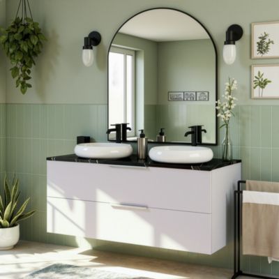 Ensemble meubles de salle de bains Kentia l.100 cm beige cachemire avec plan de toilette Cadélia effet marbre noir