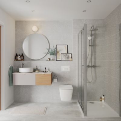 Ensemble meubles de salle de bains Kentia l.100 cm beige cachemire et effet chêne avec plan de toilette Cadélia effet marbre blanc