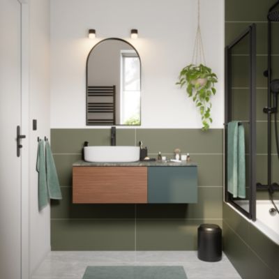 Ensemble meubles de salle de bains Kentia l.100 cm effet noyer et vert forêt avec plan de toilette Cadélia effet marbre vert