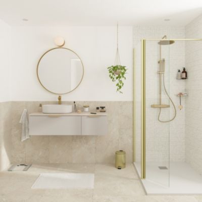 Ensemble meubles de salle de bains Kentia l.120 cm beige cachemire avec plan de toilette effet travertin