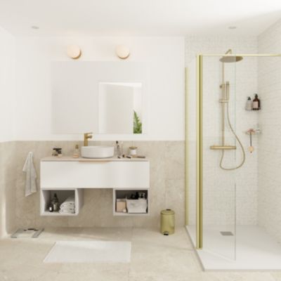 Ensemble meubles de salle de bains Kentia l.120 cm beige cachemire et blanc mat avec plan de toilette Cadélia effet travertin