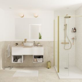 Ensemble meubles de salle de bains Kentia l.120 cm beige cachemire et blanc mat avec plan de toilette Cadélia effet travertin