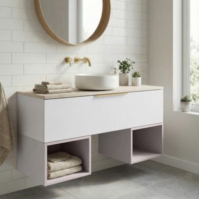 Ensemble meubles de salle de bains Kentia l.120 cm beige cachemire et blanc mat avec plan de toilette Cadélia effet travertin