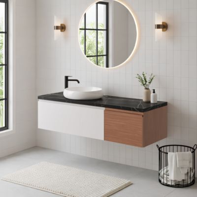 Ensemble meubles de salle de bains Kentia l.120 cm beige cachemire et effet noyer avec plan de toilette Cadélia effet marbre noir