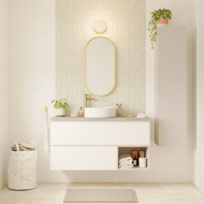 Ensemble meubles de salle de bains Kentia l.120 cm blanc mat et beige cachemire avec plan de toilette Cadélia effet travertin