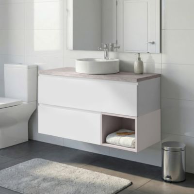 Ensemble meubles de salle de bains Kentia l.120 cm blanc mat et beige cachemire avec plan de toilette Cadélia effet travertin