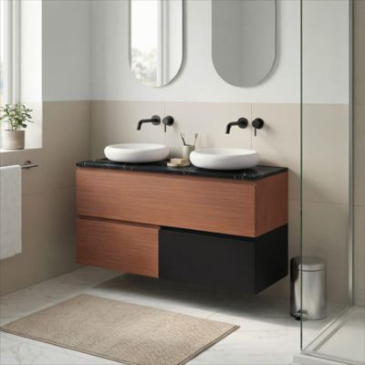 Ensemble meubles de salle de bains Kentia l.120 cm effet noyer avec plan de toilette Cadélia effet marbre noir