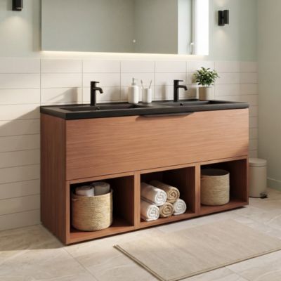 Ensemble meubles de salle de bains Kentia l.120 cm effet noyer avec plan double vasque Nira noir