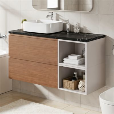 Ensemble meubles de salle de bains Kentia l.120 cm effet noyer et beige cachemire avec plan de toilette Cadélia effet marbre noir