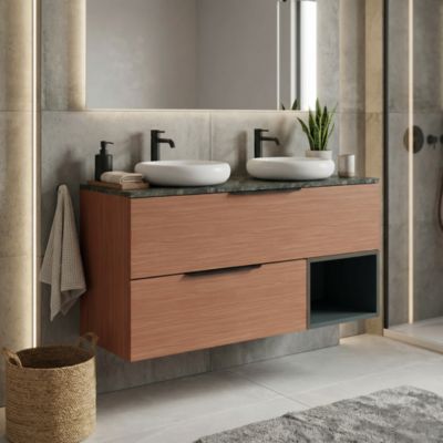 Ensemble meubles de salle de bains Kentia l.120 cm effet noyer et vert forêt avec plan de toilette Cadélia effet marbre vert